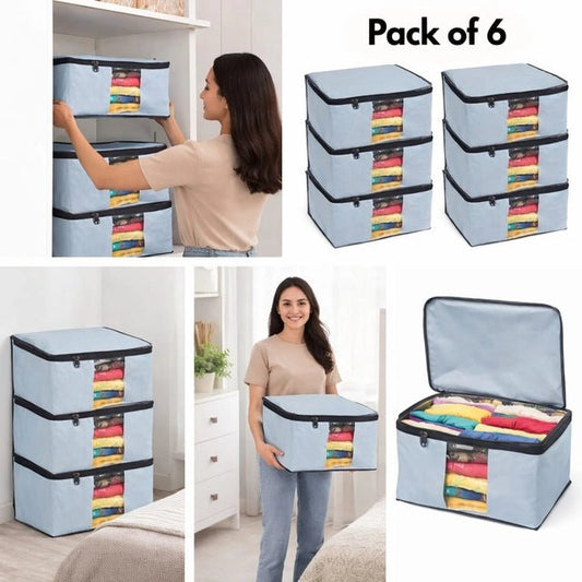 Foldable Saree Cover/Cloth Storage Bag/Wardrobe Organizer with Zip & Transparent Window (Pack of 6) - GADGETA2Z