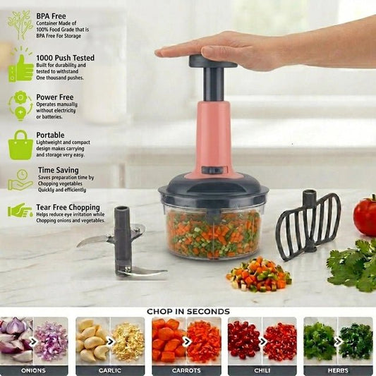 Push Chopper 650ml Manual Vegetable Chopper with 3-Tier Stainless Steel Blades (Pack of 1) - GADGETA2Z